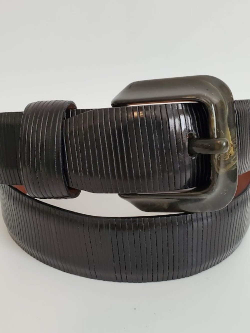 Joan & David Black Ribbed Italian Leather Belt Marbled Square Buckle Vera Pelle